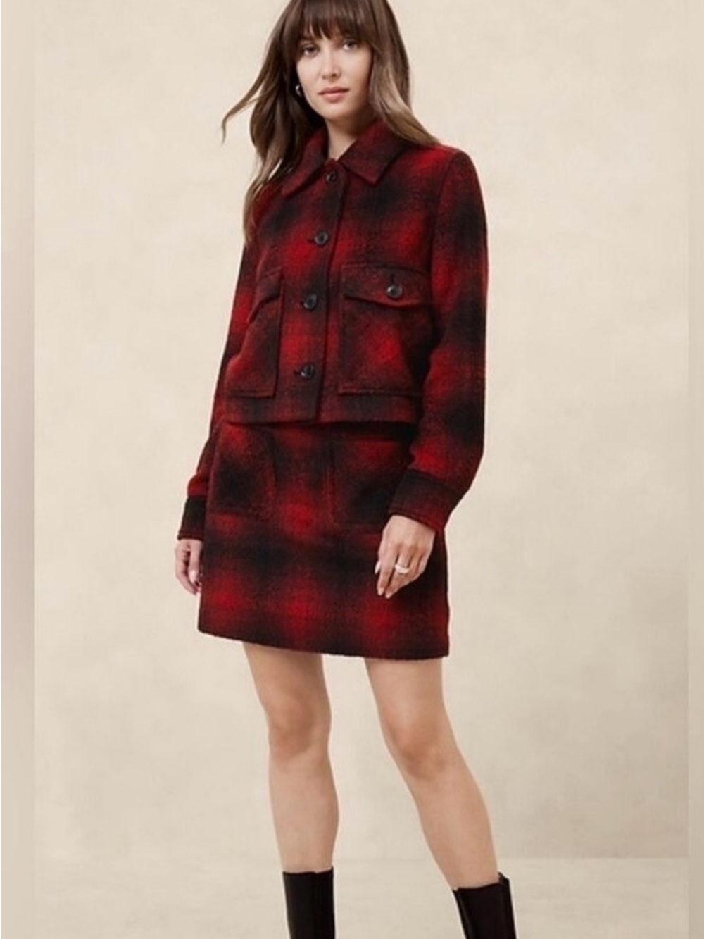 Banana Republic Red and Black Plaid Wool-Blend Cropped Jacket